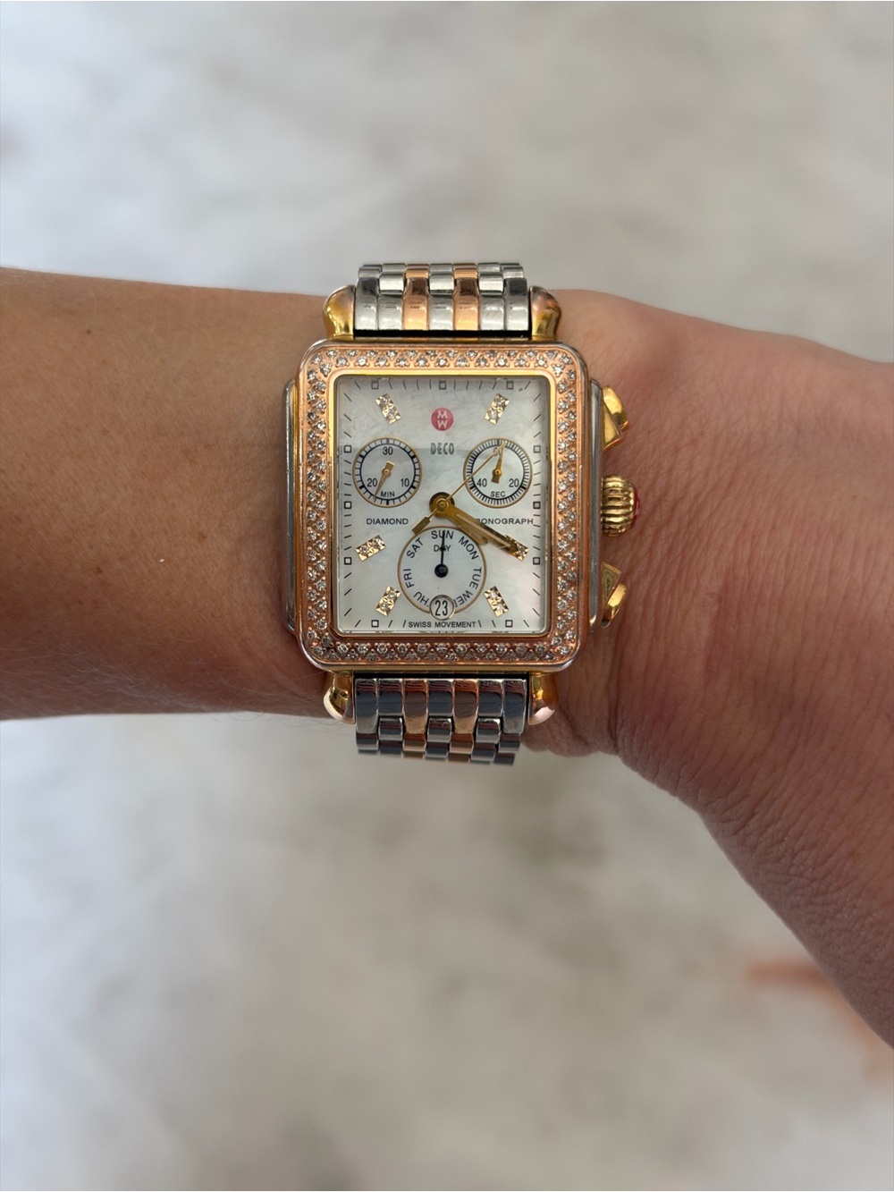 Michele Tri-Tone Gold, Rose Gold and Silver Deco Chronograph Watch